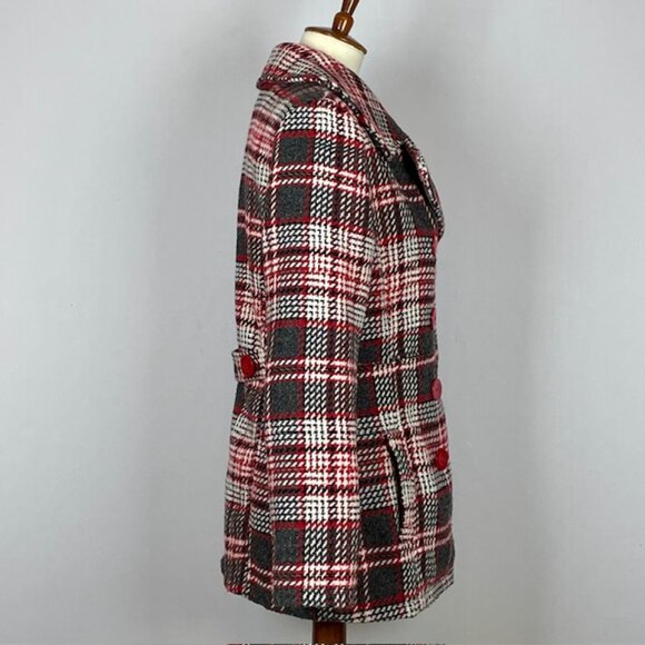 Rue21 Plaid Double Breasted Pea Coat Sz L Gray Red White Preppy Nautical Classic - Picture 3 of 7